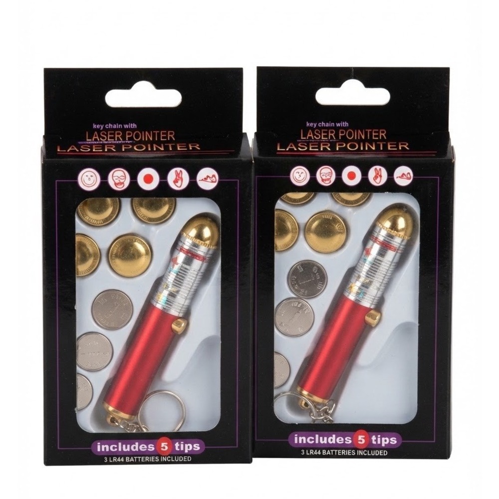 Red Laser Pointer Keychain with 5 Interchangeable Pattern Tips LR44 2 Pack